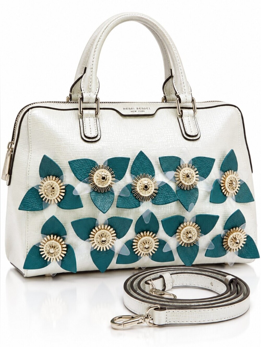 Rare Henri Bendel West 57th Pearlescent Floral Appliqué Satchel